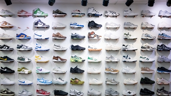 The sneaker wall at Momentum Clothing in Saskatoon