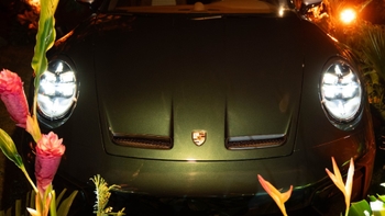 Vista frontal de un Porsche verde oscuro rodeado de flores tropicales, con faros iluminados.