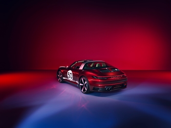 Rear 45 degree angle of Porsche 911 Targa 4S Heritage Design in ambient lighting