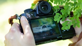Girl holding camera in a nature setting