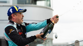 Adrian D'Silva celebrates his podium win in the Masters category at Porsche Carrera Cup Asia 2026 season in Fuji International Speedway
