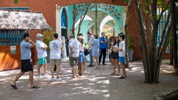 Porsche guests gathering in front of the hotel