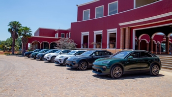 Porsche model range picture in front of the Monte Coxala hotel in San Juan Cosalá, Jalisco