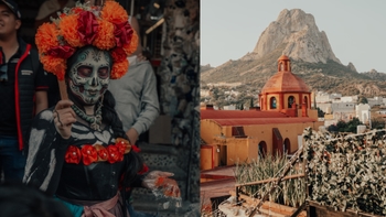 Collage de dos imágenes: una de una persona disfrazada para el Día de Muertos y otra de una iglesia con una montaña al fondo.