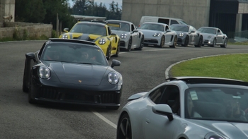 Fila de varios Porsches 911 de diferentes colores en una pista, incluyendo modelos en negro, amarillo y gris.