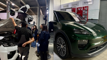 Two pictures: (left) Porsche technicians explaining something related to the motor, (right) Macan 4S Electric green coloured