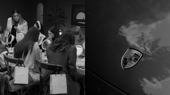 Mujeres maquillánadose y placa de auto Porsche