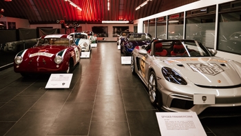 Exposición de coches Porsche clásicos y modernos, incluyendo modelos 356 y Spyder Panamericana, en un concesionario.
