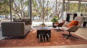 Zona de lounge en concesionario Porsche Centre Tijuana, con sofás, mesa de centro y grandes ventanales que dan a una calle arbolada.