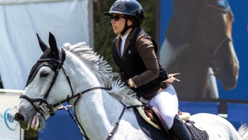 Jinete con casco montando un caballo blanco al galope en una competición de salto.
